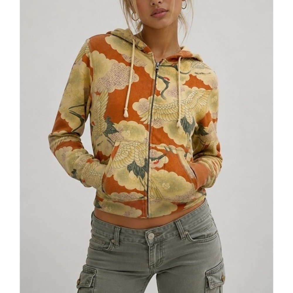 LUCKY BRAND VINTAGE Y2K 2004 Asian Crane Cloud Print Zip Up Hoodie Sweatshirt